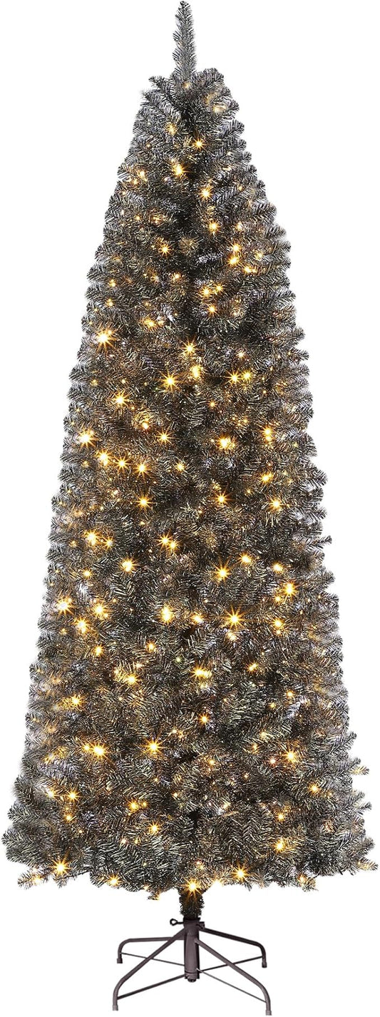 GAOMON 7.5Ft Christmas Tree, Artificial Black Halloween Pencil Christmas Tree with Sturdy Metal Stand & Realistic Branch Tips, Slim Skinny Xmas Holiday Decoration for Halloween, Home, Office, Black