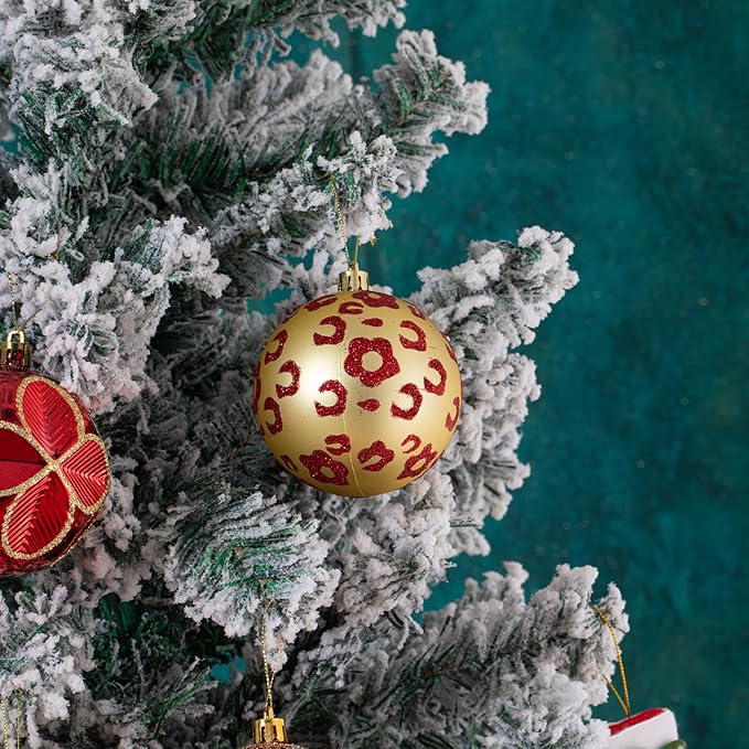 16CT Leopard Christmas Ornaments,Shatterproof Red and Gold Christmas Decorations, Lage Baubles Ornaments Hanging Decor for Xmas Tree Home Party Festivals (80MM/3.15'')