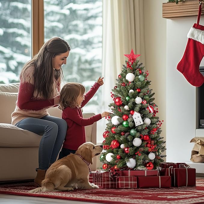 3FT Mini Christmas Tree,Tabletop Christmas Tree with Cloth Bag Base and Colorful LED Light, Snow Flocked Artificial Tree Christmas Decorative for Outdoor & Indoor 21.65"D x 21.65"W x 36"H