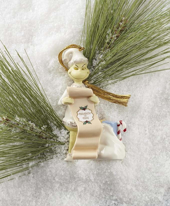 Lenox Ornaments, The Grinchs List Ornament, Porcelain Material with Gold Accents, Includes Gold Cord for Hanging, Holiday Decorations, Christmas Tree, Christmas Decoration, Tree Decor (1 Piece)