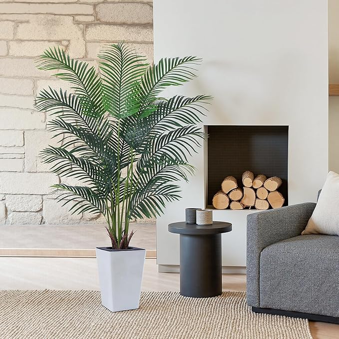 Artificial Palm Tree with White Tall Planter, 6ft Tall Potted Artificial Silk Palm Tree Plant, Fake Tropical Plant, Home Office Floor Room Decor Plants Indoor Outdoor, Housewarming Gift