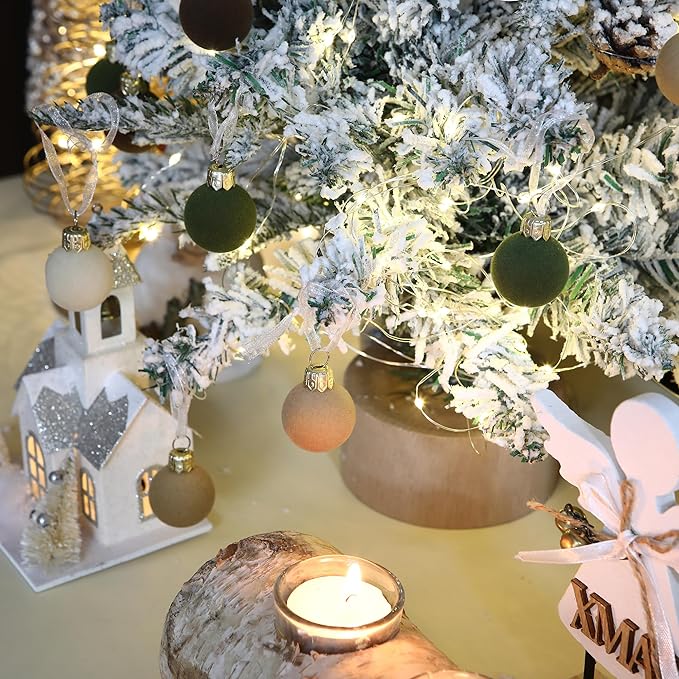 Sea Team 64-Pack Miniature Flocked Velvet Christmas Tree Ball Ornaments Set, Hanging Velour Baubles, Shatterproof Plastic Decorations for Xmas Tree, Wreath, Garland, 30mm/1.18 Inches, Prairie Fall