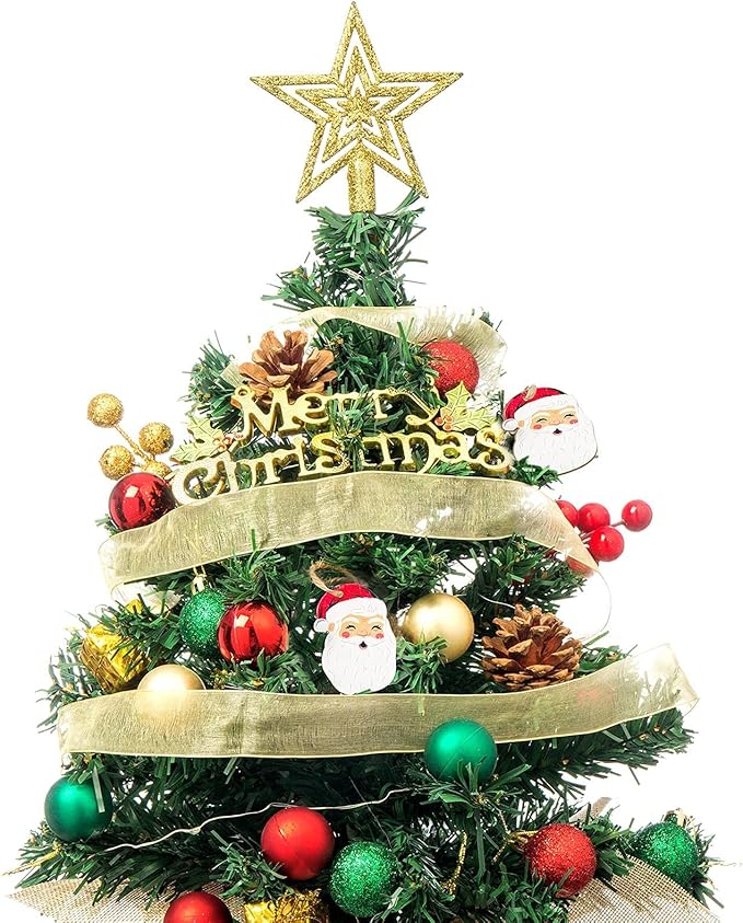 20" Mini Christmas Tree, Artificial Mini Christmas Tree with Lights, Tabletop Christmas Tree with Star Treetop Pinecones Boxes and Ball Ornaments for DIY Christmas Decoration (Green&Red)