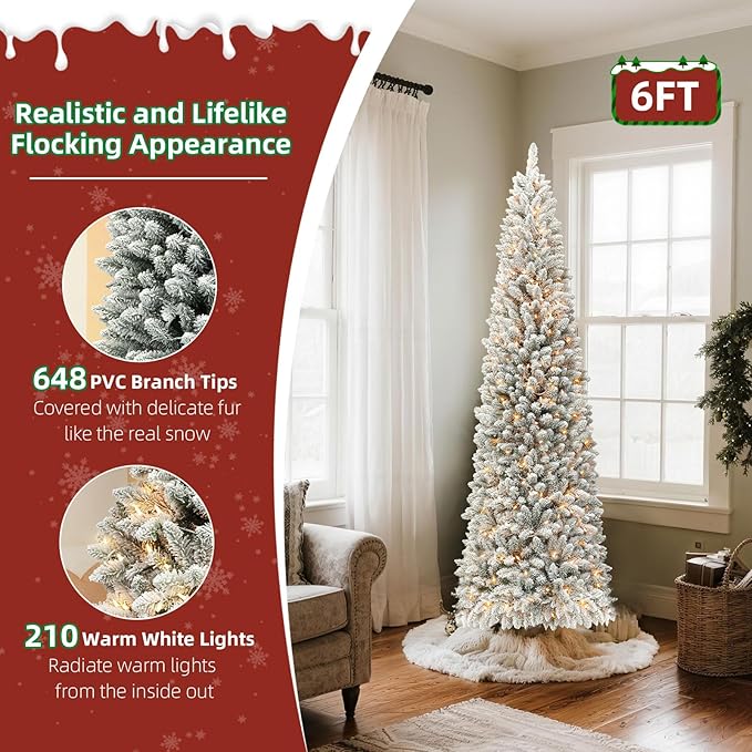 Pencil Prelit Christmas Tree 6ft - Skinny Flocked Artificial Christmas Tree with 210 Warm White Lights, 648 Snowy PVC Branch Tips, Slim Holiday Tree Decoration for Xmas - White