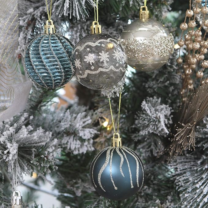 Sea Team 60mm/2.36" Delicate Contrast Color Theme Painting & Glittering Christmas Tree Pendants Decorative Hanging Christmas Baubles Balls Ornaments Set - (Stone Blue & Silver Grey), Pack of 30