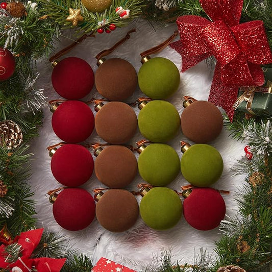 Brightown 15 Pcs Velvet Christmas Balls, 2.36 Inch Red Green Brown Velvet Ornaments for Christmas Tree, Christma Tree Flocked Ornaments Balls for Family Holiday Wedding Party Xmas Hanging Decoration