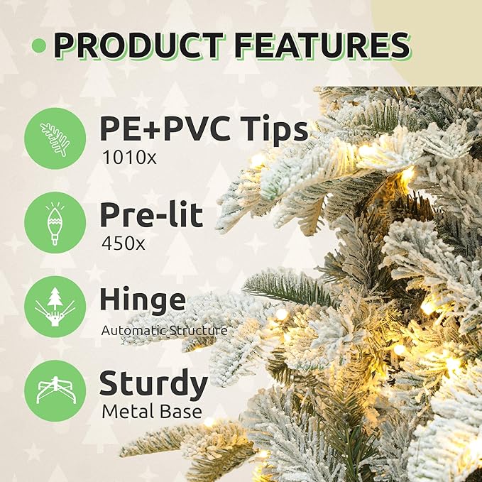 GOOBED 7.5 ft Prelit Snow Flocked Christmas Tree, Layered Spruce Christmas Tree w/ 1010 Thickened Branch Tips, 450 Lights and Remote for Home, Office, Restaurant & Commercial Events, White Flocked