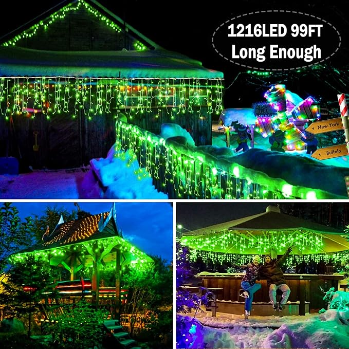 KNONEW 99ft 1216 LED Christmas Lights Outdoor Decorations with 228 Drops, 8 Modes Curtain Fairy Light, Clear Wire LED String Light Decor for Wedding Party Christmas (Green)