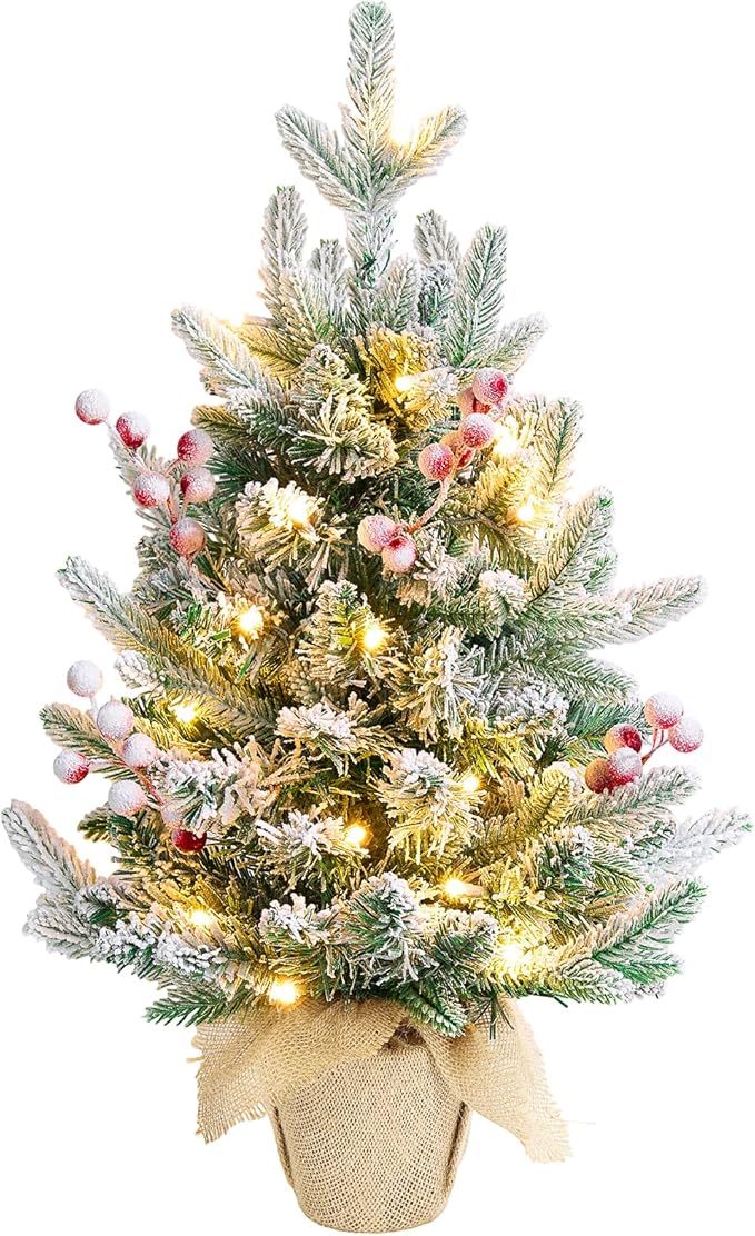 ELYKEN 22'' Mini Christmas Tree with LED Lights, Small Tabletop Artificial Christmas Xmas Holiday Party Decorations with Red Berries Pine Cones for Desk, Indoor Decor