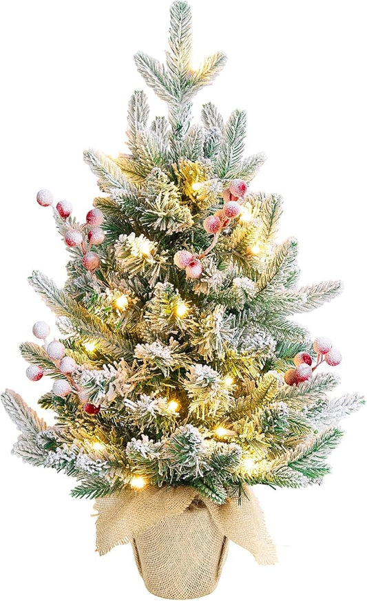 ELYKEN 22'' Mini Christmas Tree with LED Lights, Small Tabletop Artificial Christmas Xmas Holiday Party Decorations with Red Berries Pine Cones for Desk, Indoor Decor