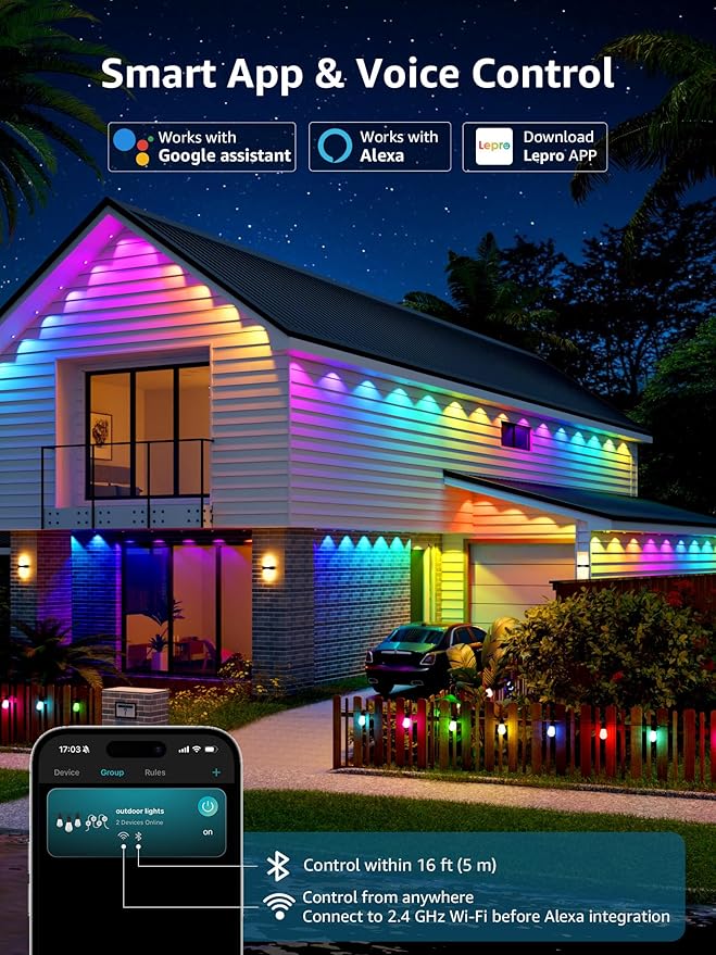 Lepro E1 AI Permanent Outdoor Lights APP Control, 50ft 30 LED Smart RGB+IC+Warm/Cool White House Eave Light for Halloween Christmas, Alexa Google Enabled, 2.4 GHz WiFi/Bluetooth, NO Remote Controller