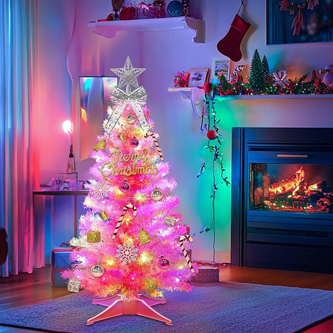 3 Ft Pink Valentine's Day Tree with Dual Color Change Lights Timer Remote, 3D Star&44Ornaments, 8 Modes 50 Warm&Colorful Change Lights Battery Operated, Small Mini Tree Table Indoor Holiday Home Decor