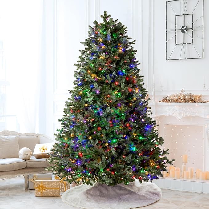 Pre-lit Premium Artificial Full Christmas Tree 9 Foot Frazer Fir, 1200 Warm White & Multi-Color LED Lights, Feel Real Realistic Xmas Tree Dual Color Hinged Holiday Festive Decor