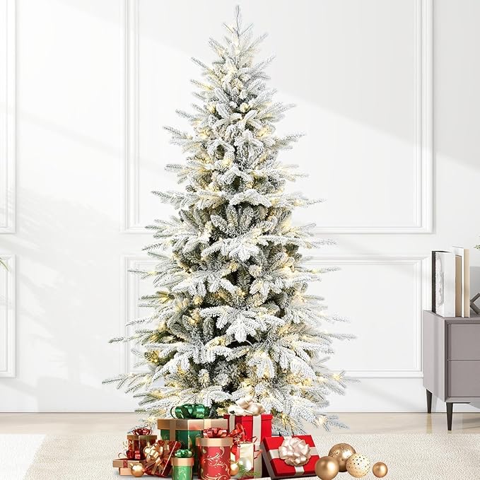 Prelit Flocked Christmas Tree 5 ft Leheyhey Frosted Artificial Christmas Tree with Multicolor Lights &1162 PE PVC Tips, White LED Xmas Tree with Snow, 9 Color Modes, Hinges, Seasonal Decor