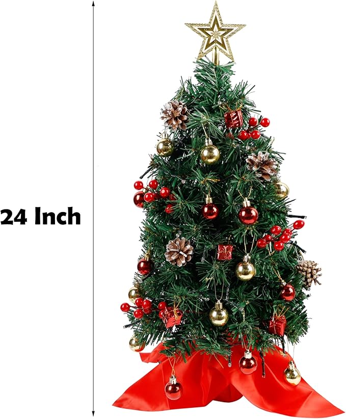 Blissun 2Ft Mini Christmas Tree, Artificial Christmas Pine Trees, Tabletop Xmas Tree, Mini Christmas Pine Tree with LED Lights, Star Tree Topper and Christmas Ornaments for Christmas Table Decorations