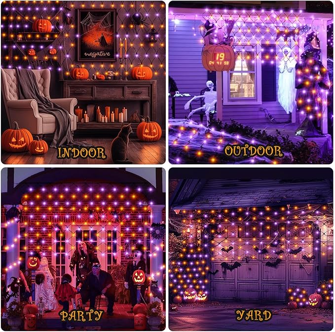 HYH Halloween Net Lights,360 LED 12FT x 5FT Halloween Decor Fairy Orange&Purple with 8 Modes String Connectable Waterproof Outdoor Lights,Hanging Light for Indoor Party Yard Garden Bushes Decorations