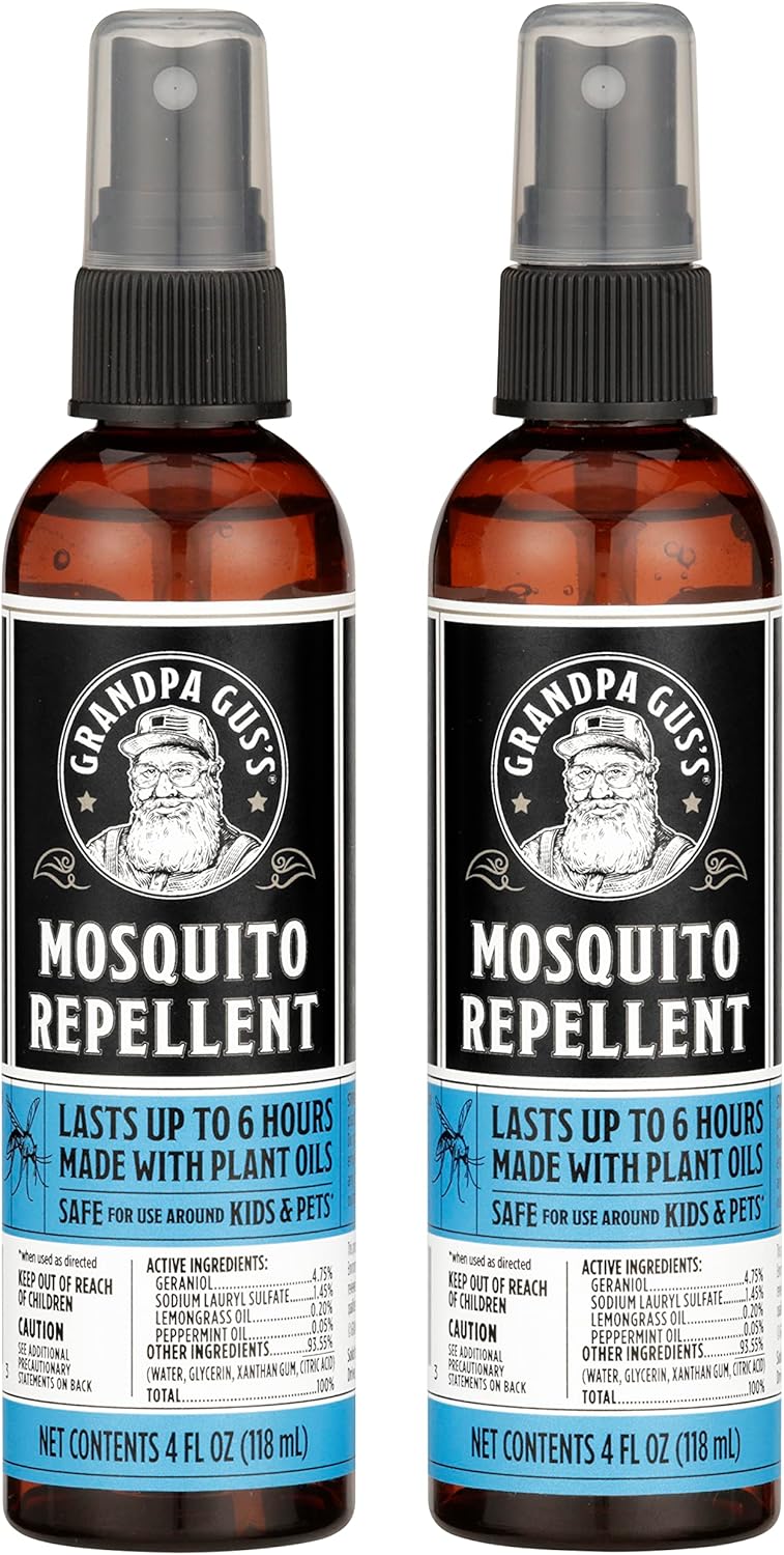 Grandpa Gus's Natural Mosquito Repellent Spray, Time-Release Plant-Based Actives, Non-Greasy, No Stains, DEET-Free, 4 oz (Pack of 2)