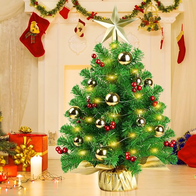 Mini Prelit Christmas Tree, 22" Tabletop Decoration with Warm Lights, Gold Ornaments, Red Berries & Cloth Bag Base