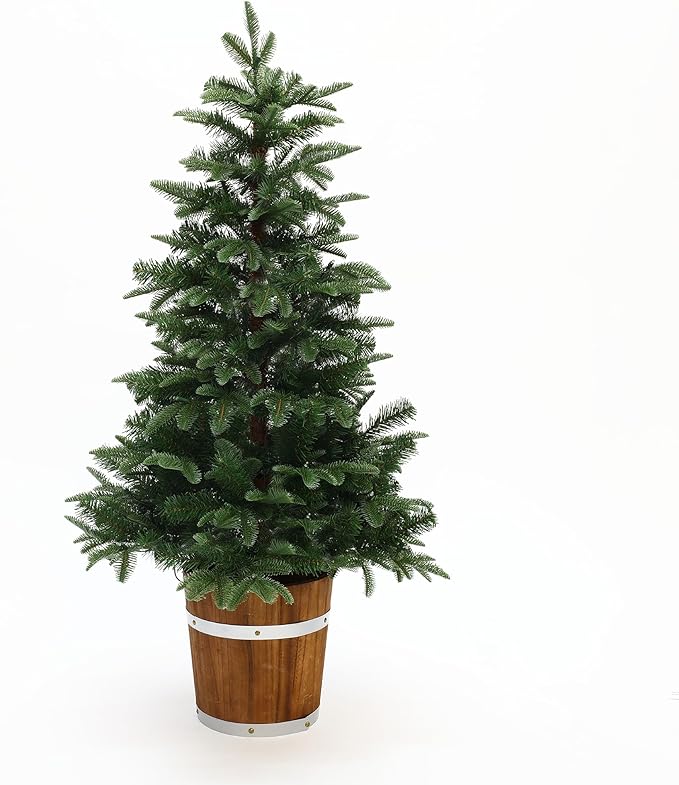 LuxenHome 4FT Small Christmas Tree, Prelit Slim Potted Christmas Trees with 100 Warm White LED Lights, Realistic Fir Tree with Rustic Wood Barrel Planter for Entrance, Hallway Holiday Decorations