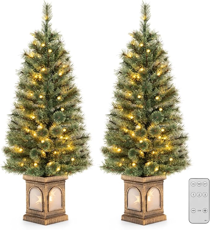 HAPPYGRILL 4 FT Pre-Lit Christmas Tree Set of 2, Artificial Xmas Entrance Tree w/116 Branch Tips, 3 Lighting Modes, 100 LED Lights & Cement-Filled Base, Pine Needles, Remote Control, Holiday Decor