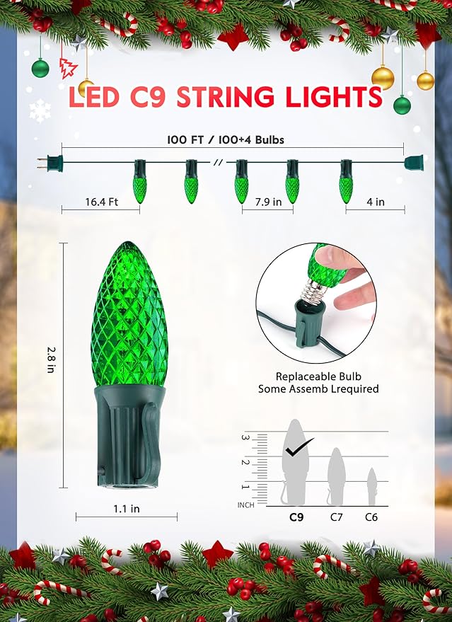 Minetom C9 Christmas String Lights, 100 Ft Green Outdoor Christmas Lights With 100 Strawberry LED Bulbs, Connectable UL Certified for Outdoor Indoor Roofline Holiday Backyard Xmas Decor