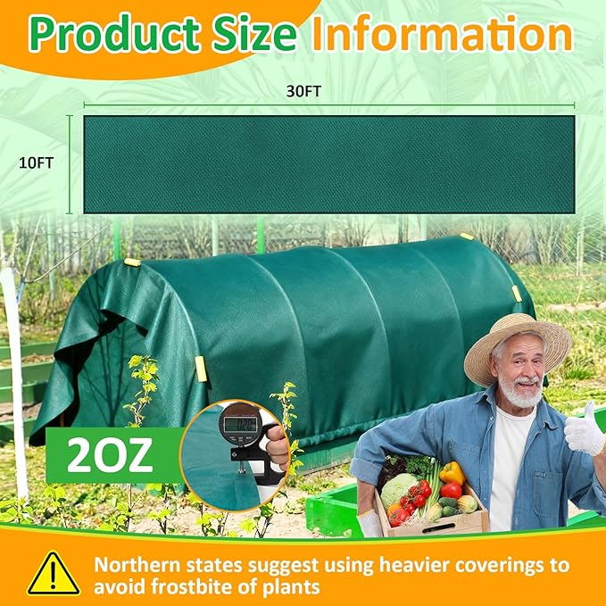 Green Plant Covers Freeze Protection, 10 x 30 ft - 2 oz/yd² Frost Cloths for Outdoor Plants, Tree Covers Freeze Protection, Winter Garden Blanket, Sun Cover for Plants for Greenhouse, Vegetables