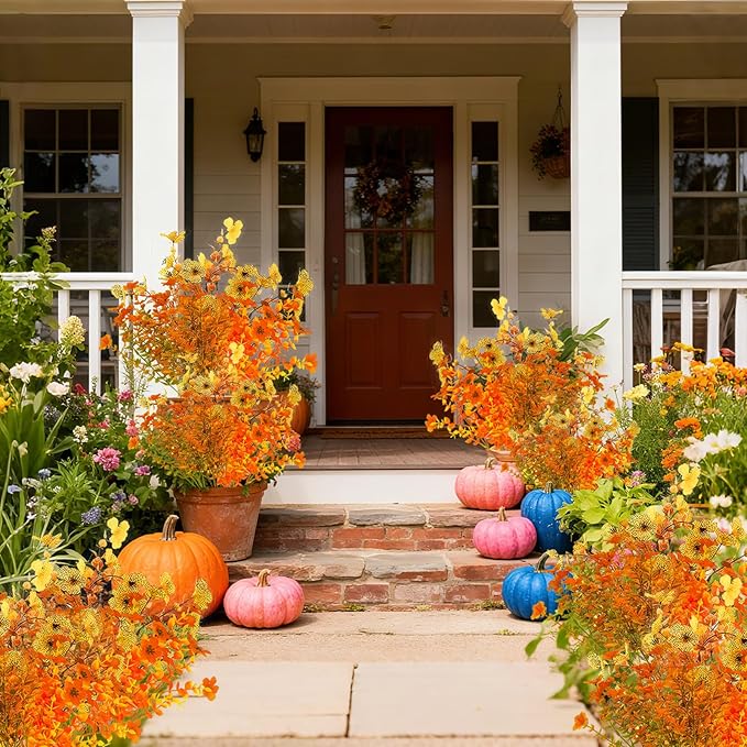 16 Bundles Artificial Flowers for Outdoor/Indoor Decoration, Plants for Outside, Fake Fall Plants. Suitable for Outdoor Flowerbed, Indoor and Outside Decorations (Orange).