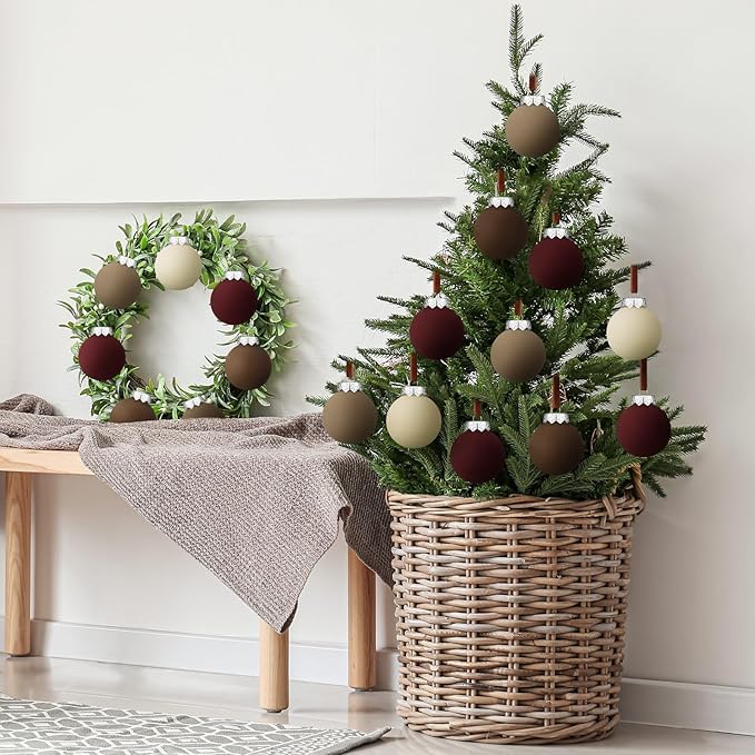 24 Pcs Neutral Matte Christmas Ball Ornaments 2.4 Inch Rustic Boho Burgundy Brown Camel Cream Xmas Bulbs Ornament Vintage Xmas Baubles Modern Christmas Decor for Tree Farmhouse Decor