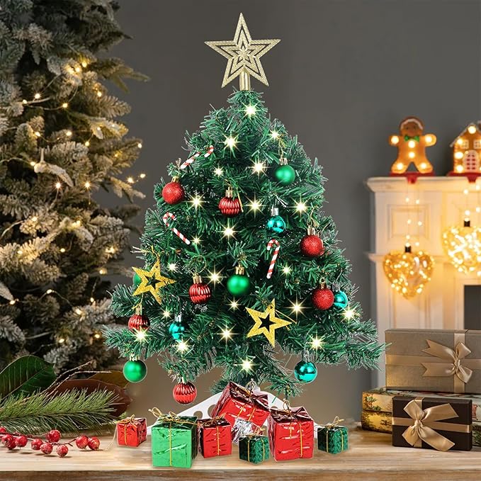 XmasExp 20in Mini Christmas Tree with Lights Green Small Christmas Tree Artificial Tabletop Xmas Decor Holiday Decoration for Home, Office, Party