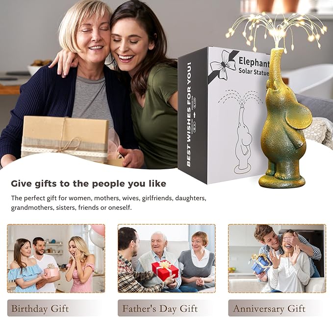 Elephant Statue Outdoor Solar Lights Garden Sculpture, 60 LED Chips Birthday Gift Women,Mothers,and Elders. Ornamental Piece for Balconies, Gardens, patios, courtyards, and lawns