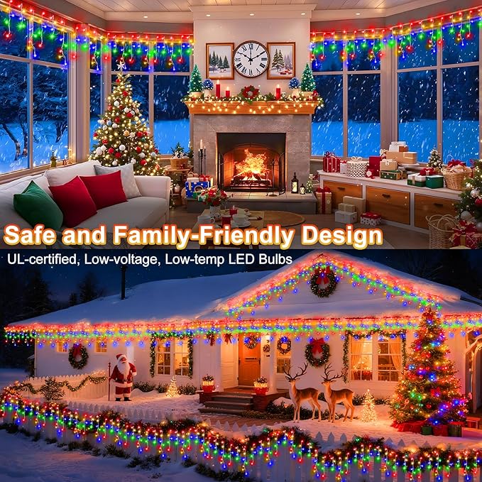 KNONEW 164FT 1600 LED Christmas Lights Outdoor Decoration Multicolor with 320 Drops, 8 Modes Timer Hanging Fairy String Lights Plug in Waterproof Indoor Decor for Holiday Wedding Party Window Garden