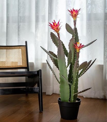 33 Inch Large Artificial Cactus with Magenta Flowers in Pot with Natural Gravel. Satin Finish Leaves with Real Look and Feel. Outdoor and Indoor Faux Plants.