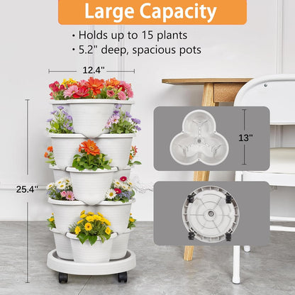 VECELO 5 Tier Vertical Garden Planter, Self Watering Stackable Planters with Wheels for Strawberries, Herbs, Flowers, Vegetables, Gray