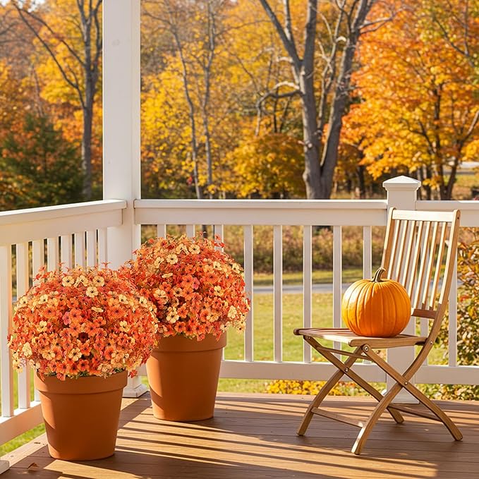 AmyHomie 16 Bundles Fall Orange Yellow Artificial Flowers for Outdoor Fall Decor UV Resistant Faux Flowers No Fade Fake Plastic Plants Garden Porch Window Box Decorating