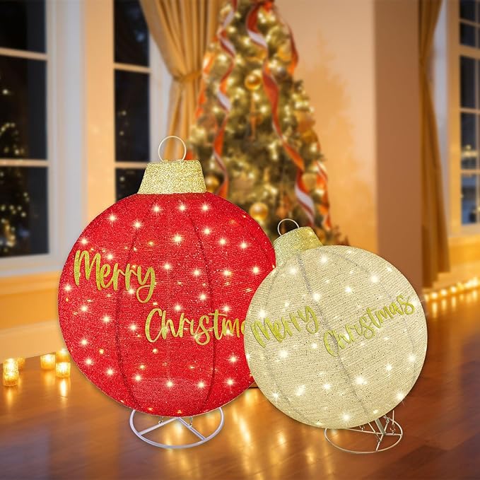 HOYECHI 2pc Lighted Pop-Up Outdoor Christmas Ornament Set – Holiday Ball Decorations with 200 LED Lights, 8 Lighting Modes, for Yard & Outdoor Christmas Decor - Red/Gold