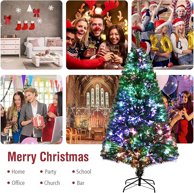 HAPPYGRILL 5FT Pre-lit Fiber Optic Christmas Tree with 449 Branch Tips, New PVC Leaves, Life-Like Artificial Xmas Tree with Folding Metal Stand