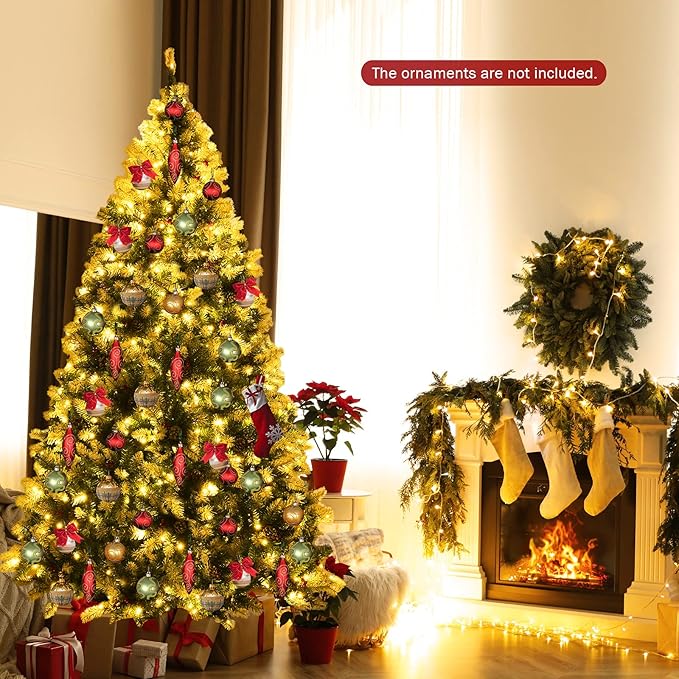 Happygrill 7.5ft Pre-lit Snowy Christmas Tree with 550 Warm White LED Lights & 1398 PVC Tips, 8 Lighting Modes, Hinged Artificial Tree for Residential Commercial Use