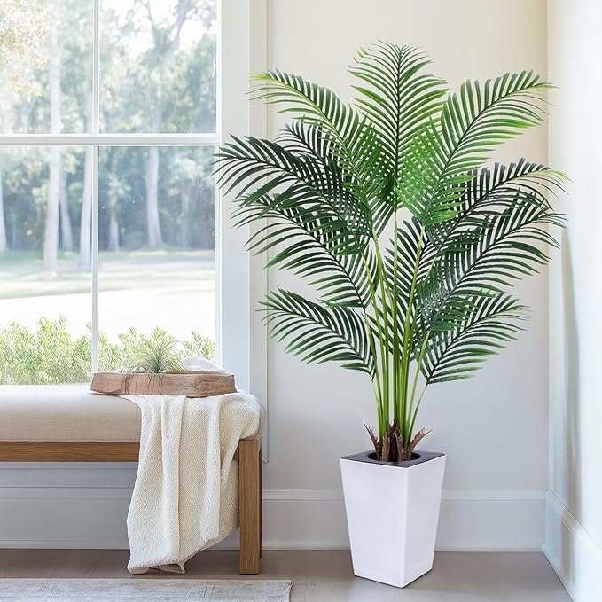 Artificial Palm Tree with White Tall Planter, 5ft Tall Potted Artificial Silk Palm Tree Plant, Fake Tropical Plant, Home Office Floor Room Decor Plants Indoor Outdoor, Housewarming Gift
