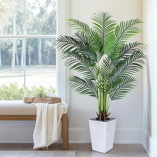 Artificial Palm Tree with White Tall Planter, 5ft Tall Potted Artificial Silk Palm Tree Plant, Fake Tropical Plant, Home Office Floor Room Decor Plants Indoor Outdoor, Housewarming Gift