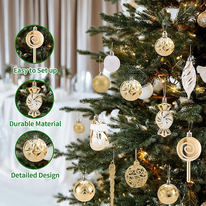 Shatterproof Christmas Ball Ornaments Set, 130 Pack Christmas Tree Decorations, Assorted Hanging Christmas Balls Bulk for Holiday Indoor Outdoor Xmas Party Decor (130 Golden)