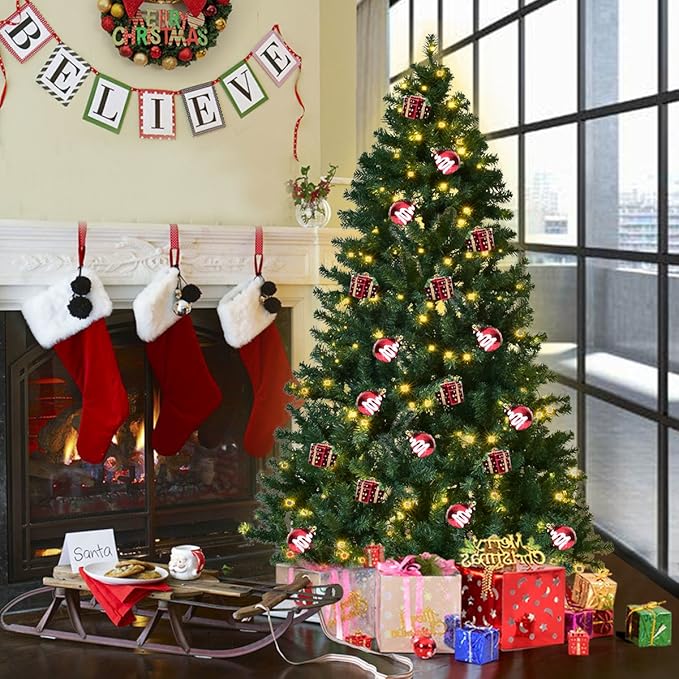 HAPPYGRILL 7FT Pre-lit Christmas Tree Artificial Hinged Xmas Tree for Home Holiday Décor Metal Stand PVC Material 300 LED Lights 1096 Branches Easy Setup & Storage