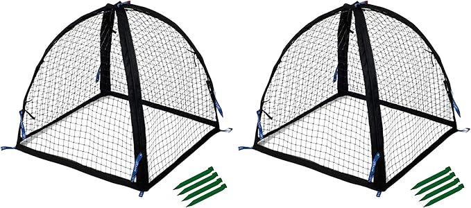 NuVue Products 32102 Pop-Up Garden Netting Pest Guard Covers with Ground Spikes, Mesh Plant Cover Tents for Pest and Animal Control, Pack of 2, Black, 28" x 28" x 30"