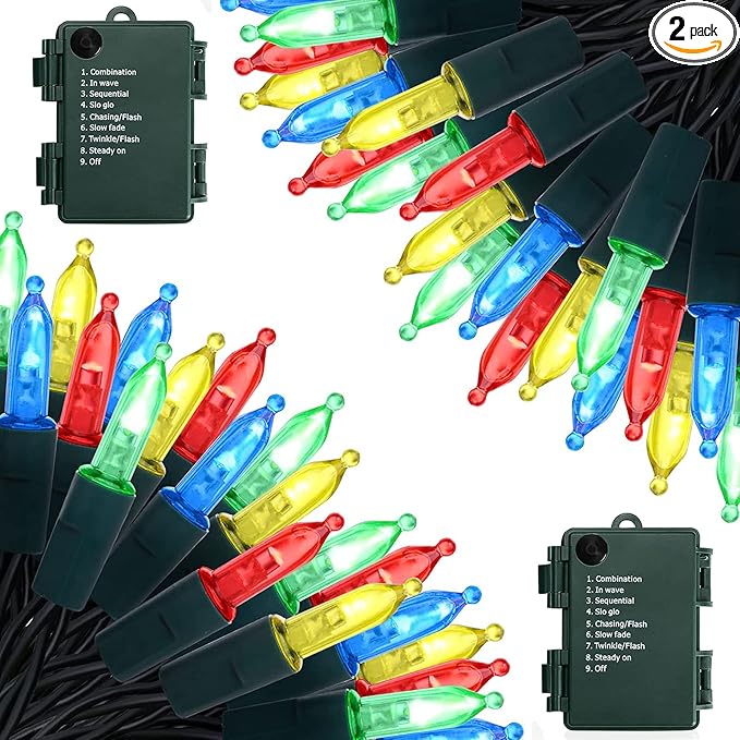 2 Pack 17ft 50 LED Mini String Lights, Multicolor, Waterproof, Auto-Timer, Indoor/Outdoor, Christmas, Halloween, Thanksgiving