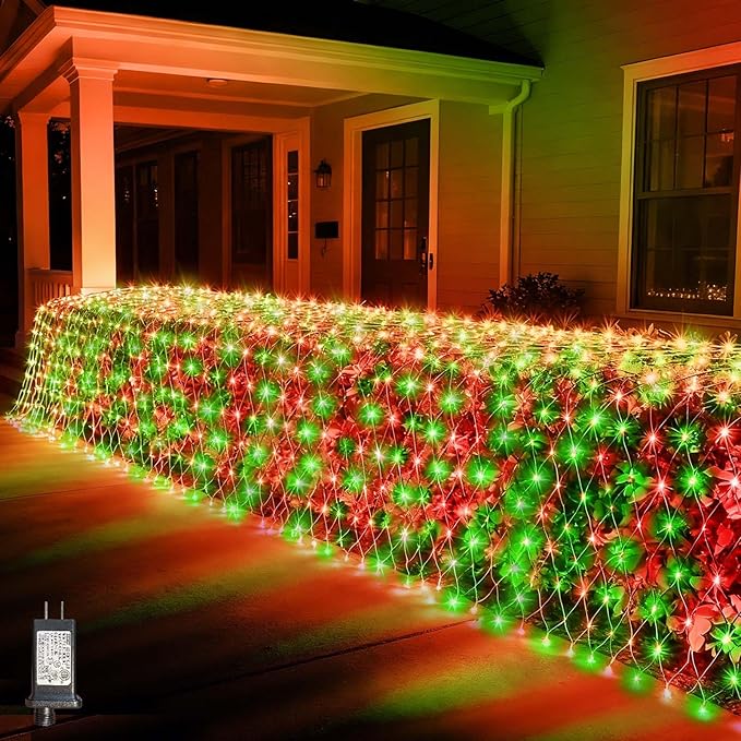 LitHome 21FT x 5FT Christmas Net Lights Outdoor, 360 LED Red Green Bush Lights with 8 Modes, Connectable Waterproof Net Mesh Light Dark Green Wire for Bushes Shrubs Outdoor Christmas Holiday Decor
