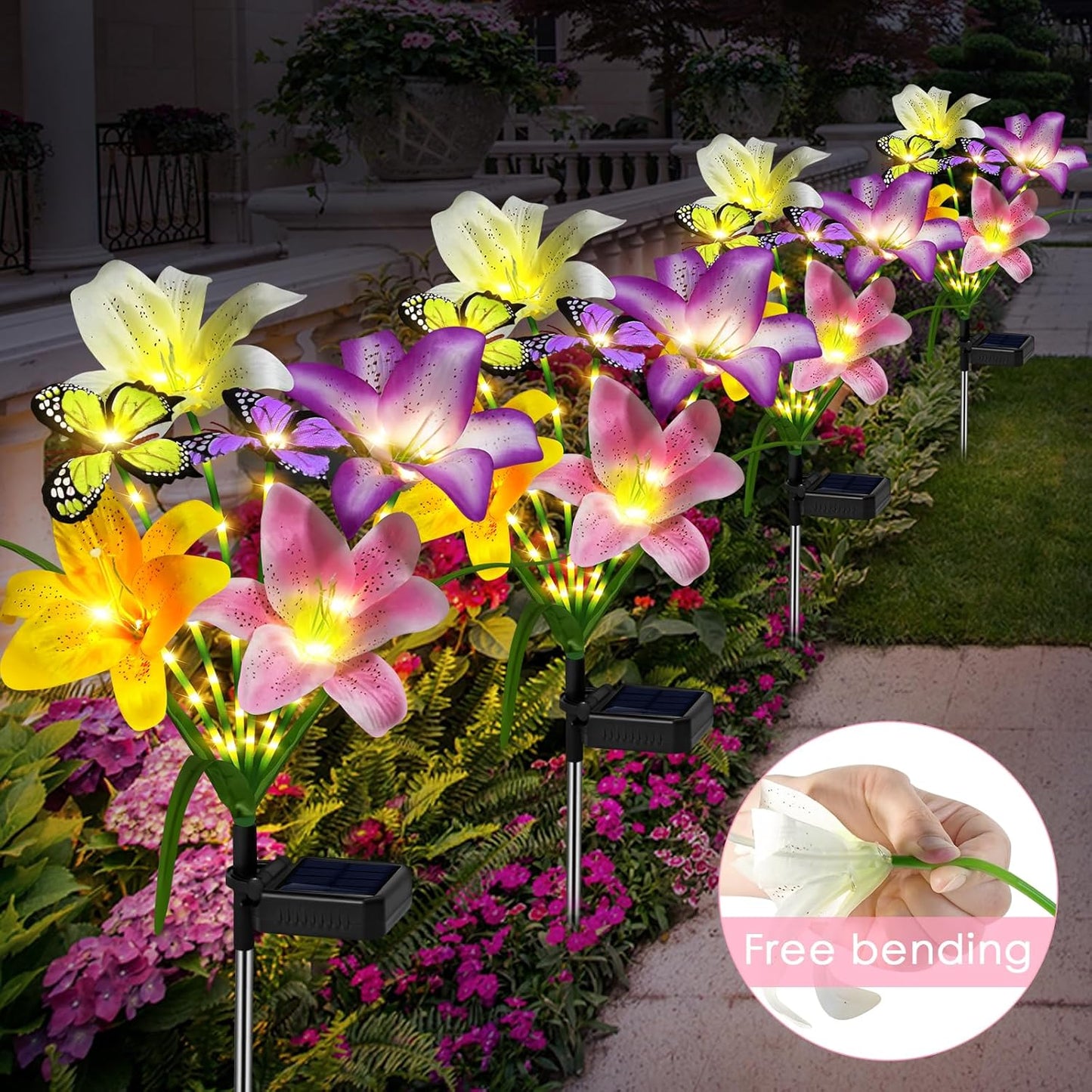 Solar Garden Lights Outdoor, 4 Pack Flower Lights for Outside, 16 Solar Lilies with Butterflies, Waterproof Garden Decor for Yard, Patio, Gifts for Women Mom (4 pcs Lilies)