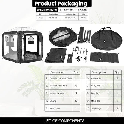 Porayhut Pop Up Greenhouse Tent,Portable Large Walk-in Plant House 10’X10’ ,Indoor Outdoor Gardening Plant Sunshine Room with PVC Mesh Cloth Cover for Protecting Plant from Cold Frost & Birds