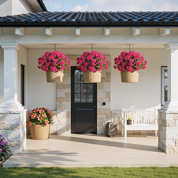 Artificial Geranium Flowers for Outdoors Geraniums Artificial Flowers Realistic Faux Geraniums for Outdoor Planters Silk Geranium Outdoor Fake Flowers Porch Home Kitchen Garden Decor(4PCS，Rose Red)