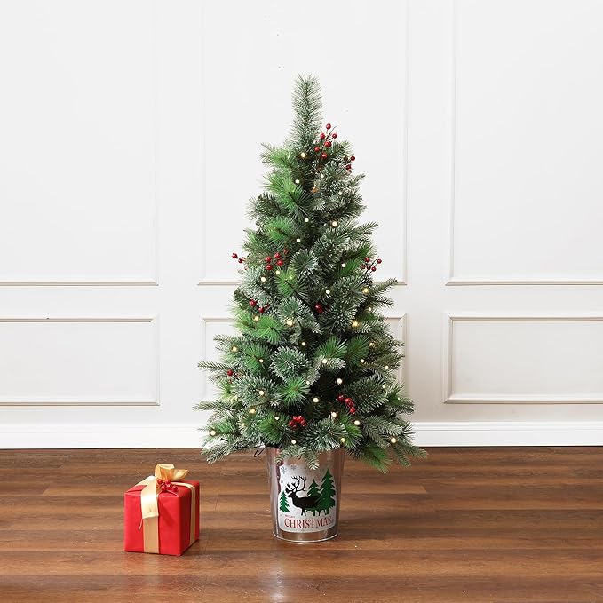 LuxenHome 4FT Small Christmas Tree, Battery Operated Potted Christmas Trees with 70 Warm White LED Lights, Slim Xmas Tree with Red Berries and Metal Pot for Entryway, Livingroom Holiday Display