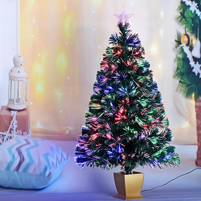 3ft Green Fiber Optic Christmas Tree,Pre-Lit Artificial Mini Christmas Tree, Tabletop Small Xmas Tree with Stars Holiday Home Decorations