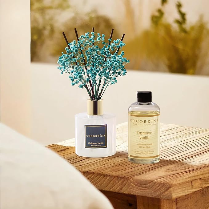 Cocorrína Premium Reed Diffuser Set with Preserved Baby's Breath & Cotton Stick Cashmere Vanilla | 6.7 fl oz Reed Diffuser for Bedroom Bathroom Home Décor